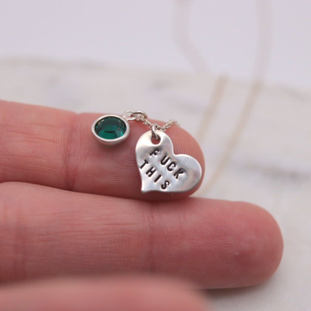 Fuck It Heart Charm Necklace  [with Green-Turquoise Crystal]